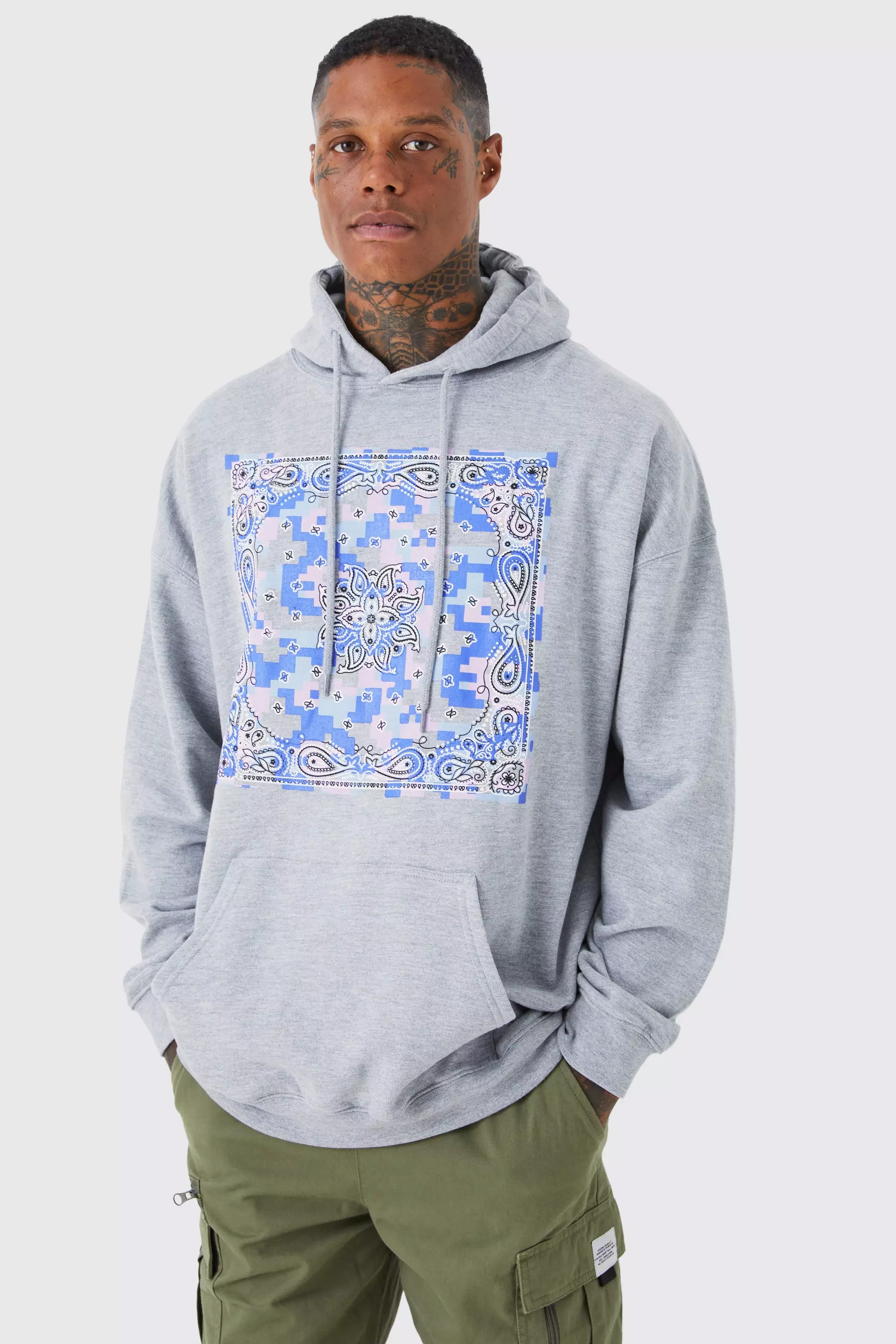 Oversized Pixilated Camo Bandana Hoodie boohooMAN USA